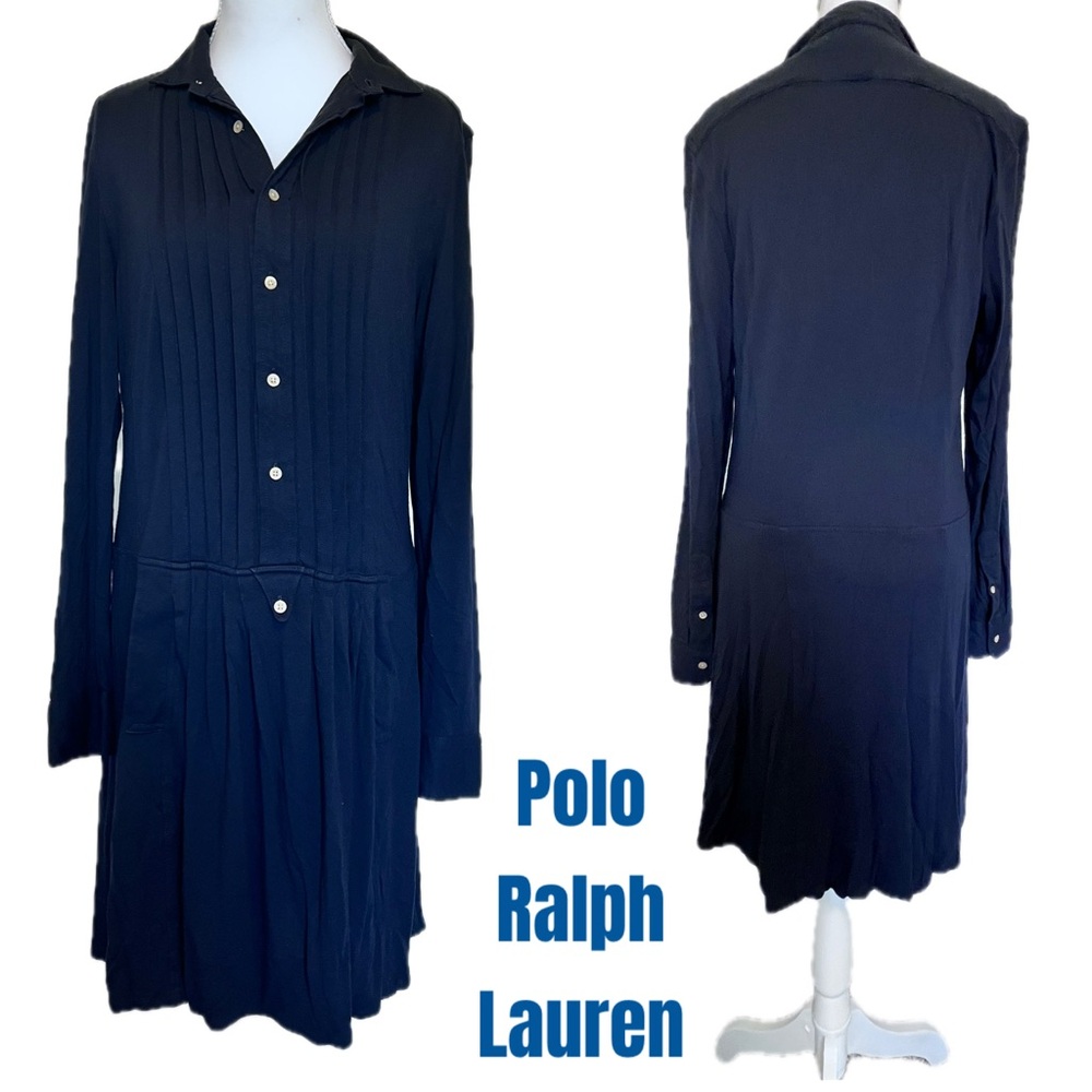 Polo Ralph Lauren Pocket Button Pleated Pin-tuck Aviator Navy Dress SZ Medium